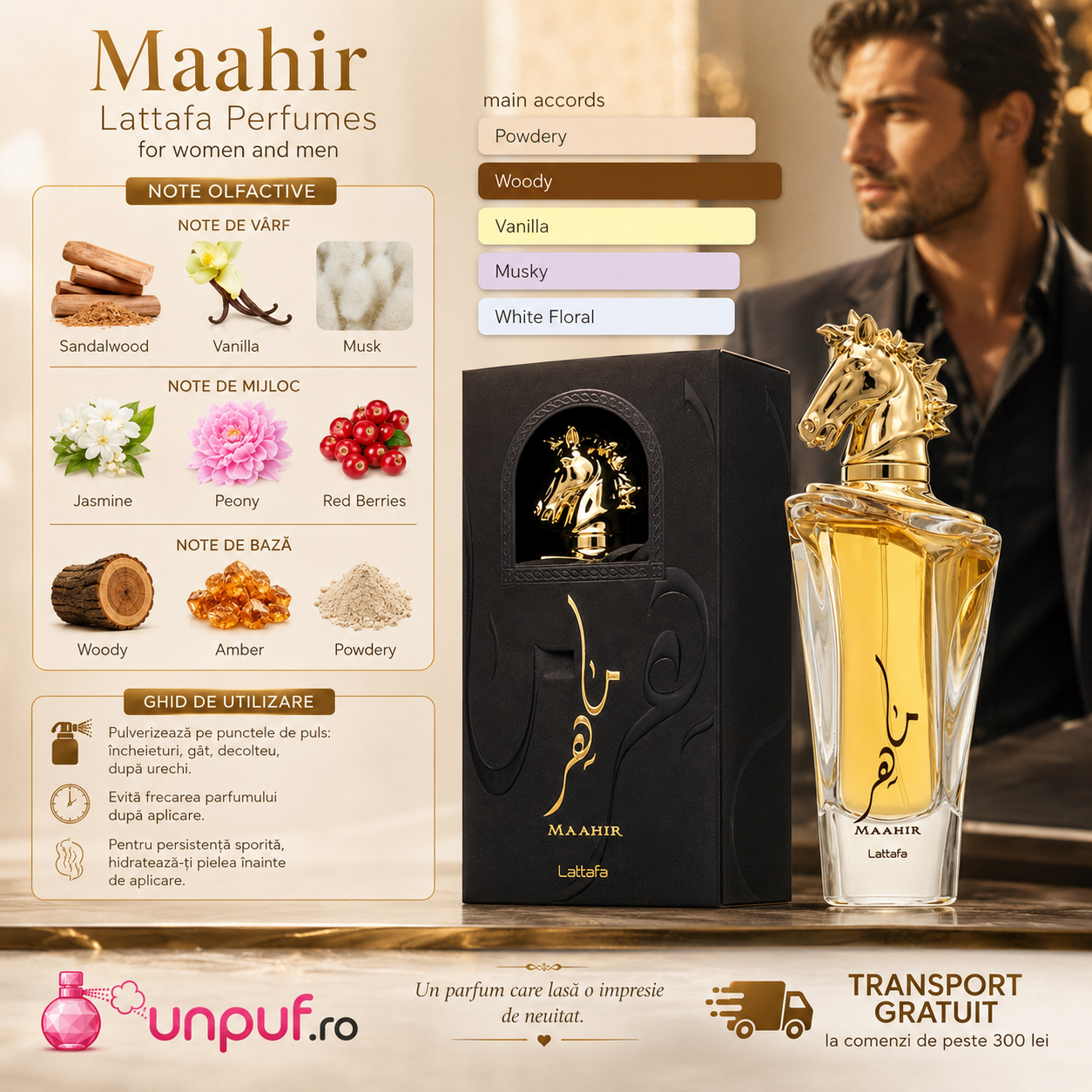 Prezentare Maahir Gold Lattafa flacon premium cu capac auriu sculptural
